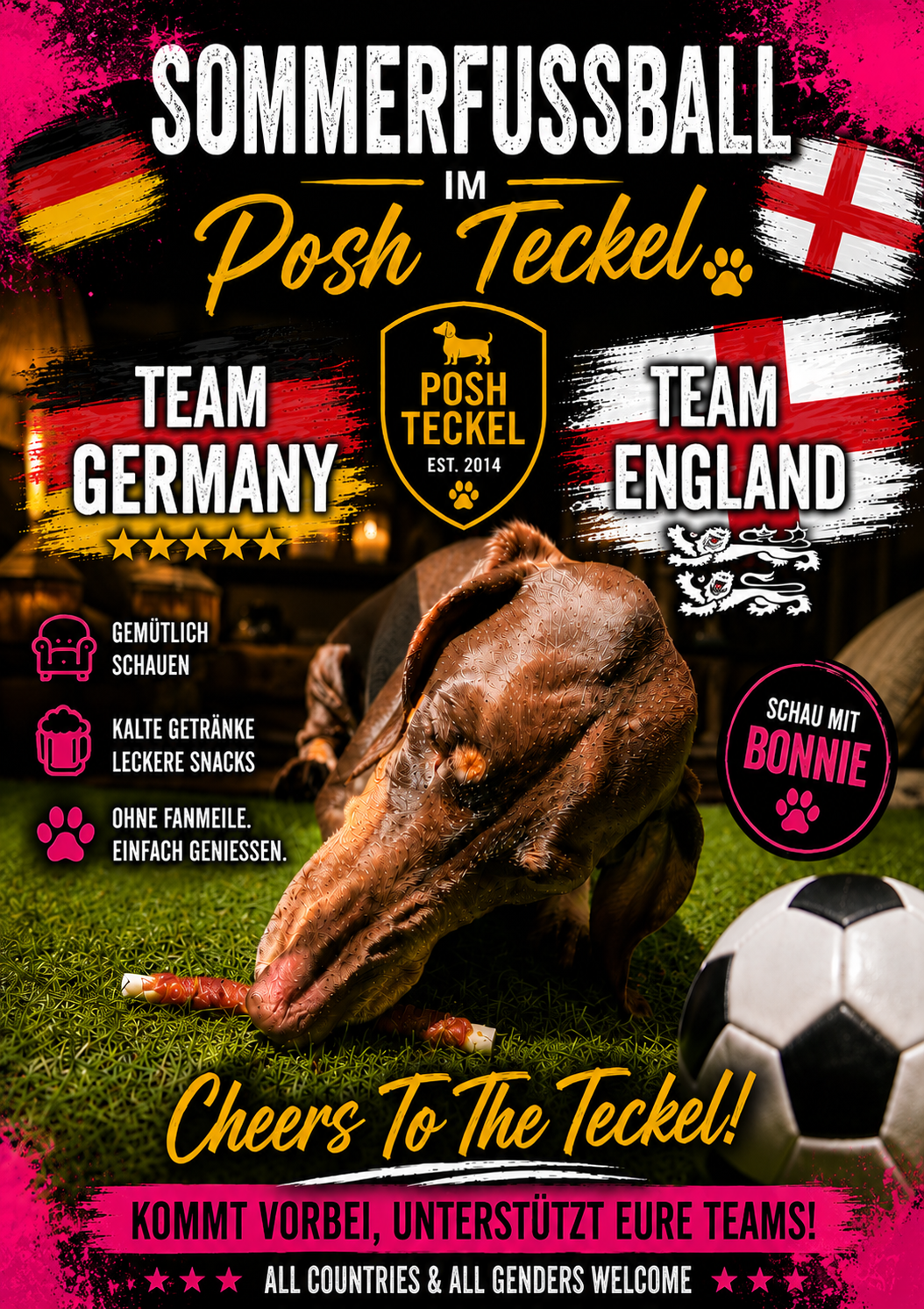Sommerfußball 2026 im Posh Teckel Berlin Neukölln Deutschland und England gemeinsam schauen