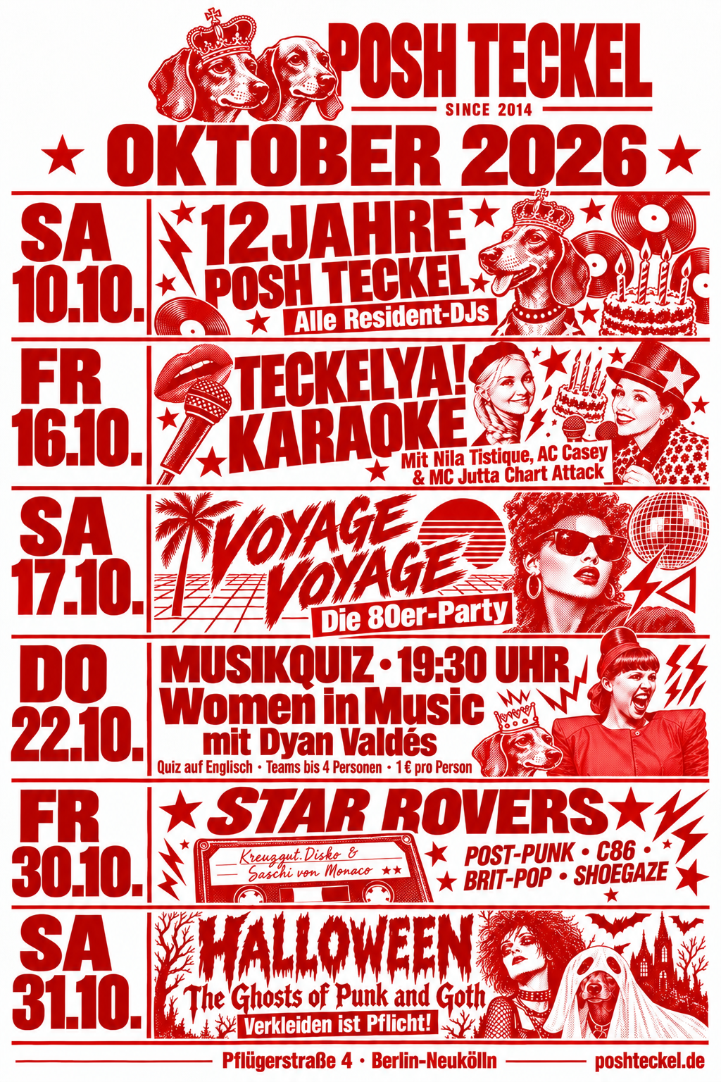 Posh Teckel Oktoberprogramm 2026: 10.10. Geburtstag, 16.10. Karaoke, 17.10. Voyage Voyage 80er-Party, 22.10. Musikquiz, 30.10. Star Rovers und 31.10. Halloween